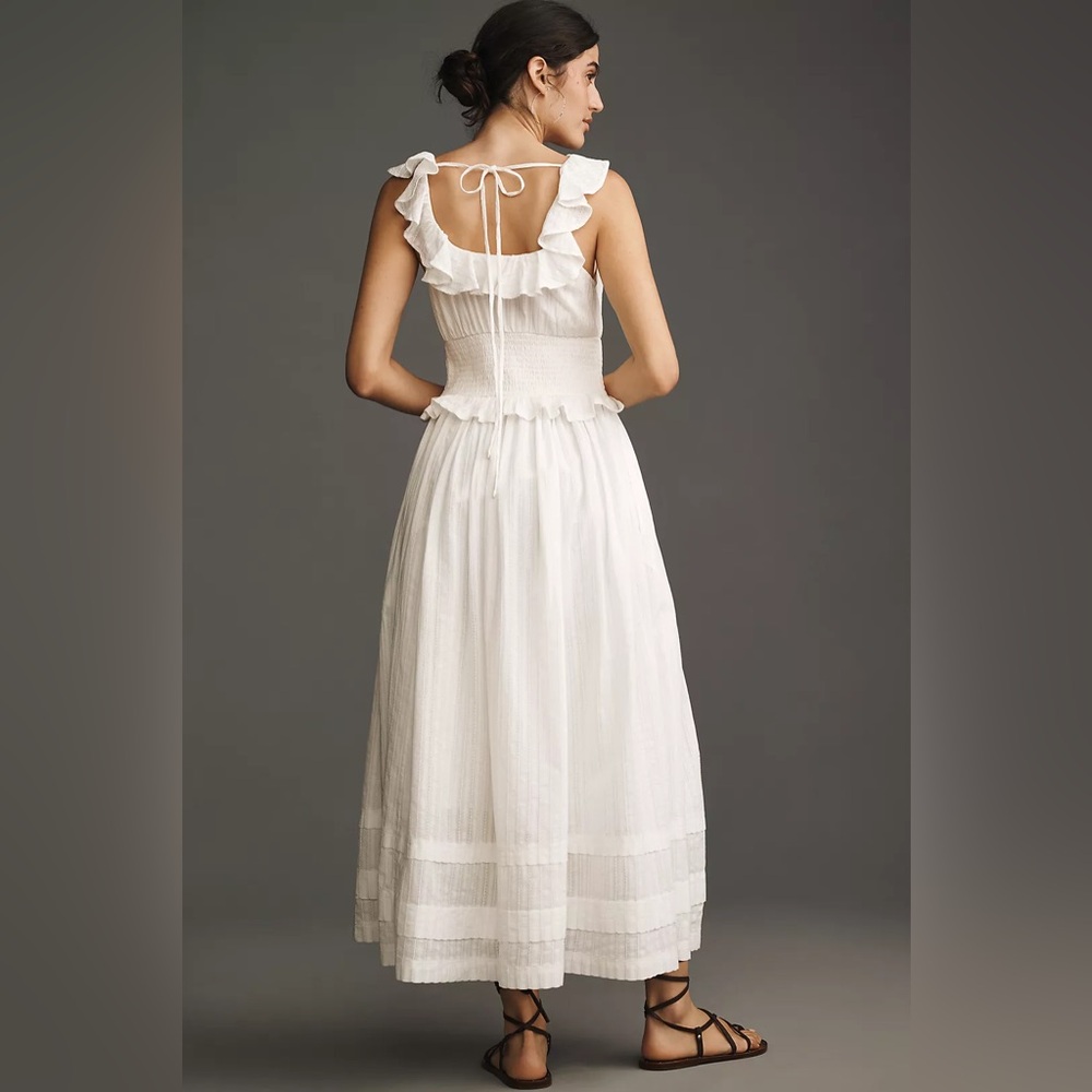 NWT Anthropologie Pilcro Ruffled Smocked-Waist Button-Front Midi Dress white - Picture 3 of 6